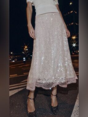 NWT Zara Woman Sequined Knit A-Line Midi Skirt Chalk Pink Sz